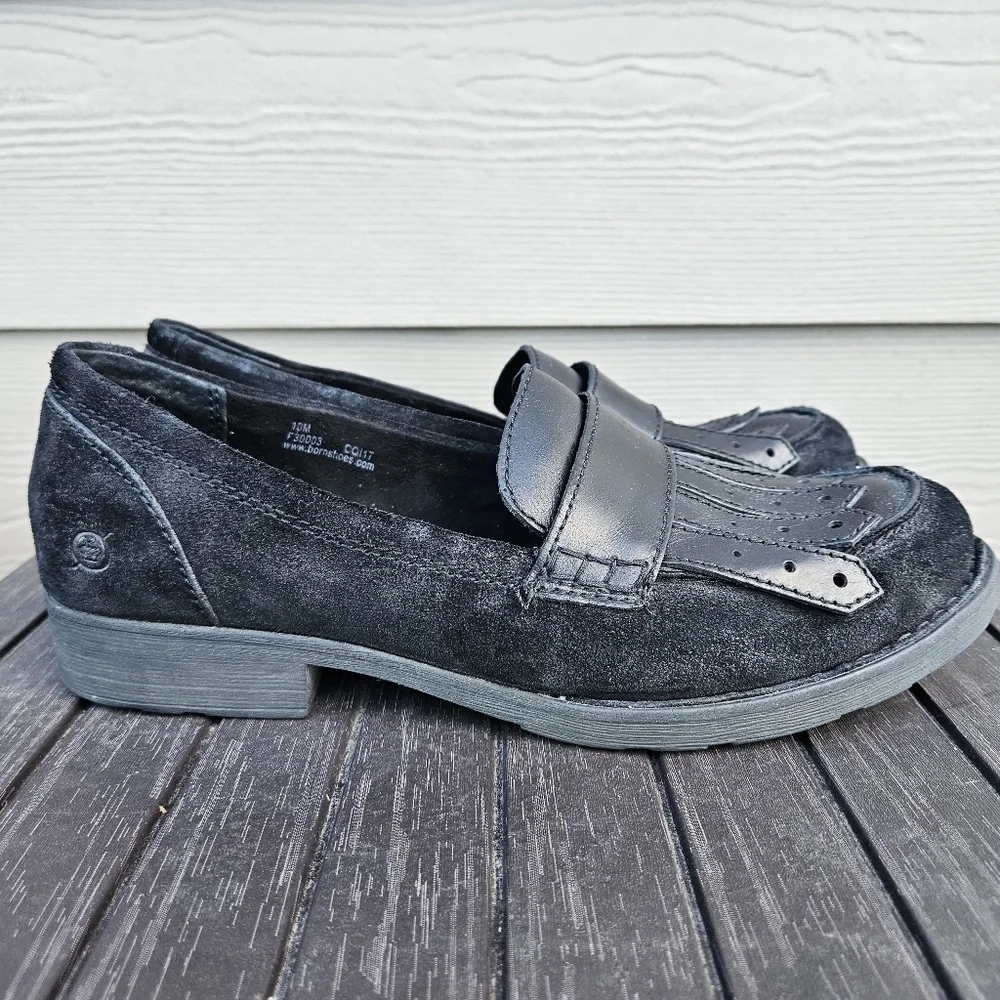 Born Black Suede Leather Penny Loafers with Fringe Slip On Shoes F3003 Womens 10